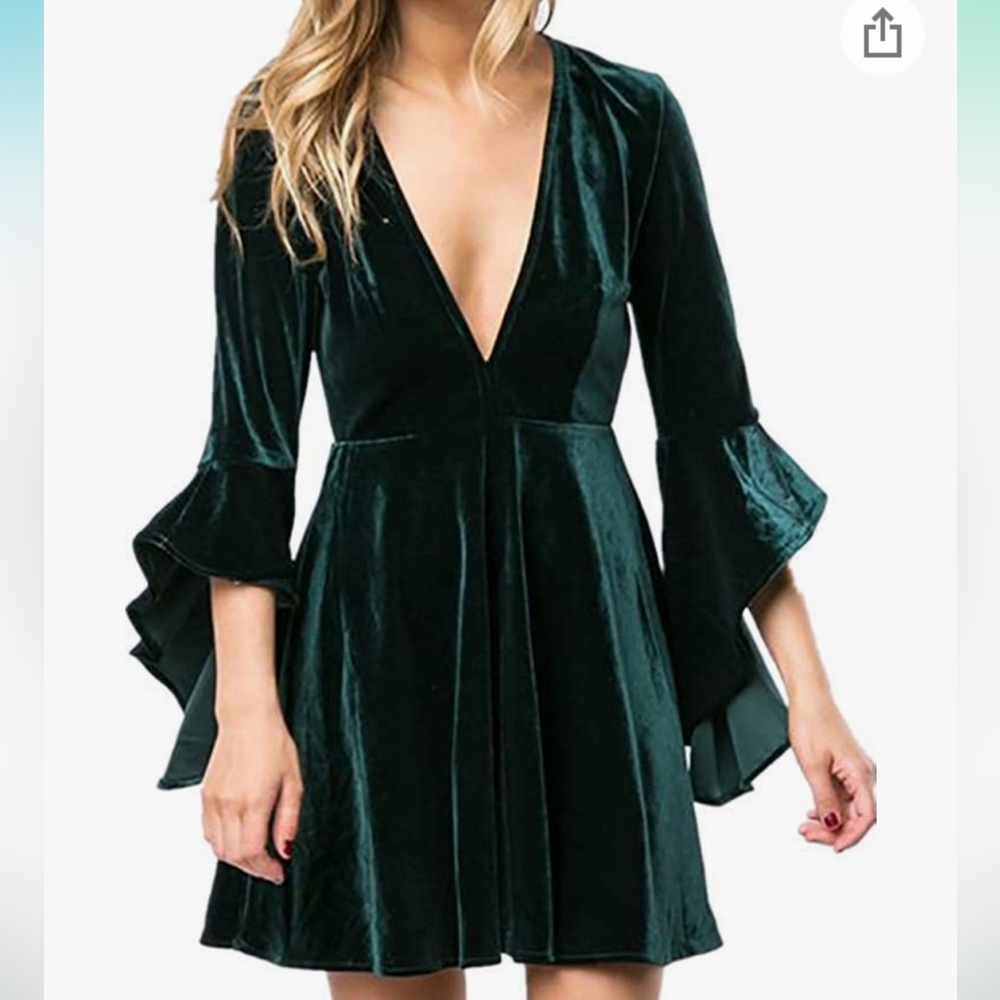 Womens Velvet Skater Dress Deep V Neck Bell Sleeve